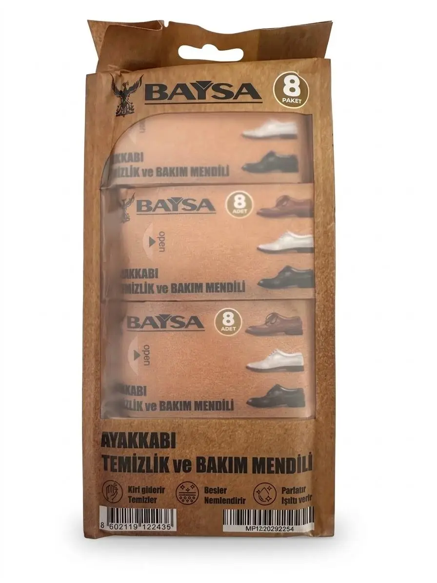 Baysa Mini Ayakkabı Bakım ve Temizlik Mendili - 8 Adetlik 8 Paket - 64 Mendil - 