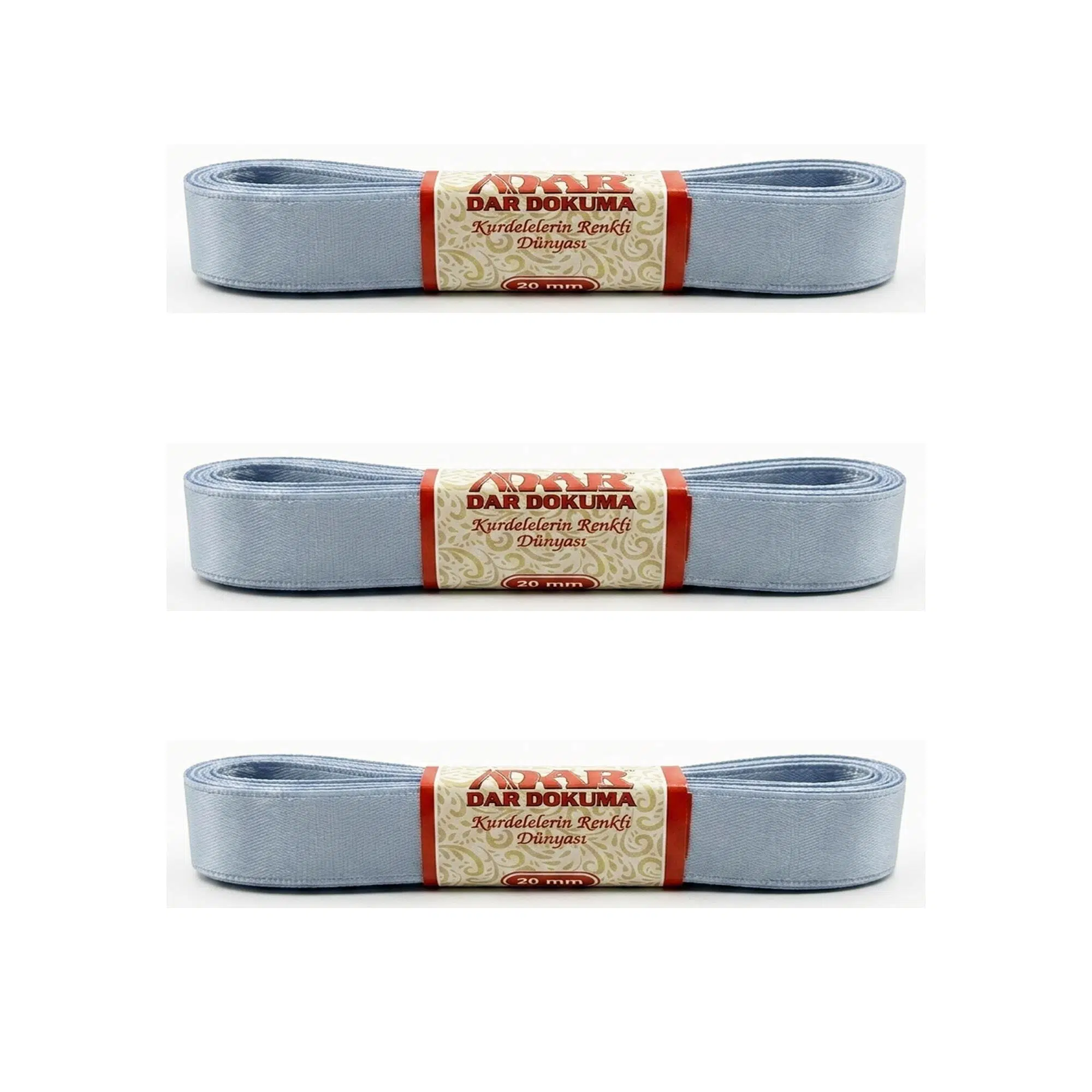 Dar Dokuma Açık Mavi Saten Kurdele - 2 Cm. x 10 Metre - 3 Adet