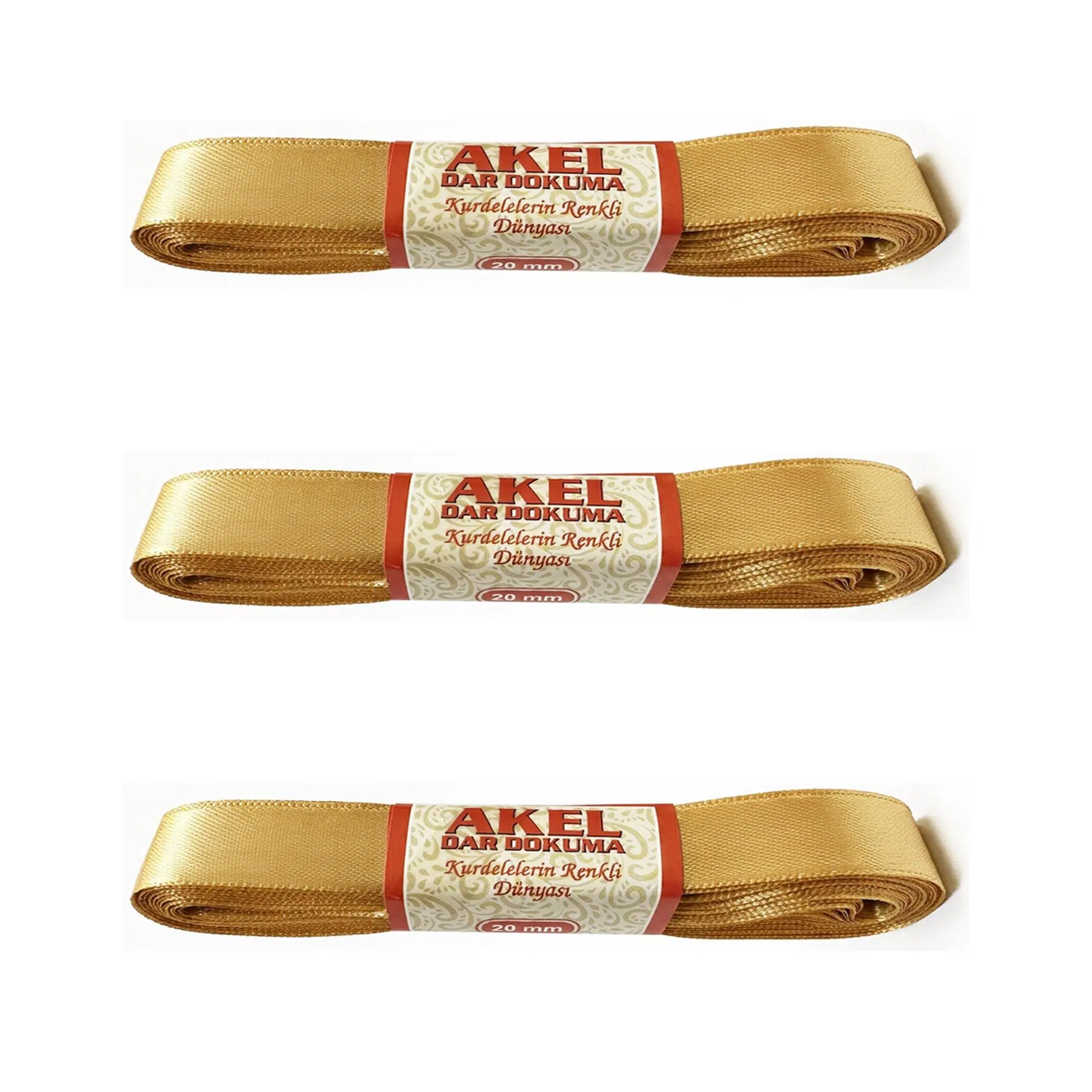 Dar Dokuma Altın Gold Saten Kurdele - 2 Cm. x 10 Metre - 3 Adet