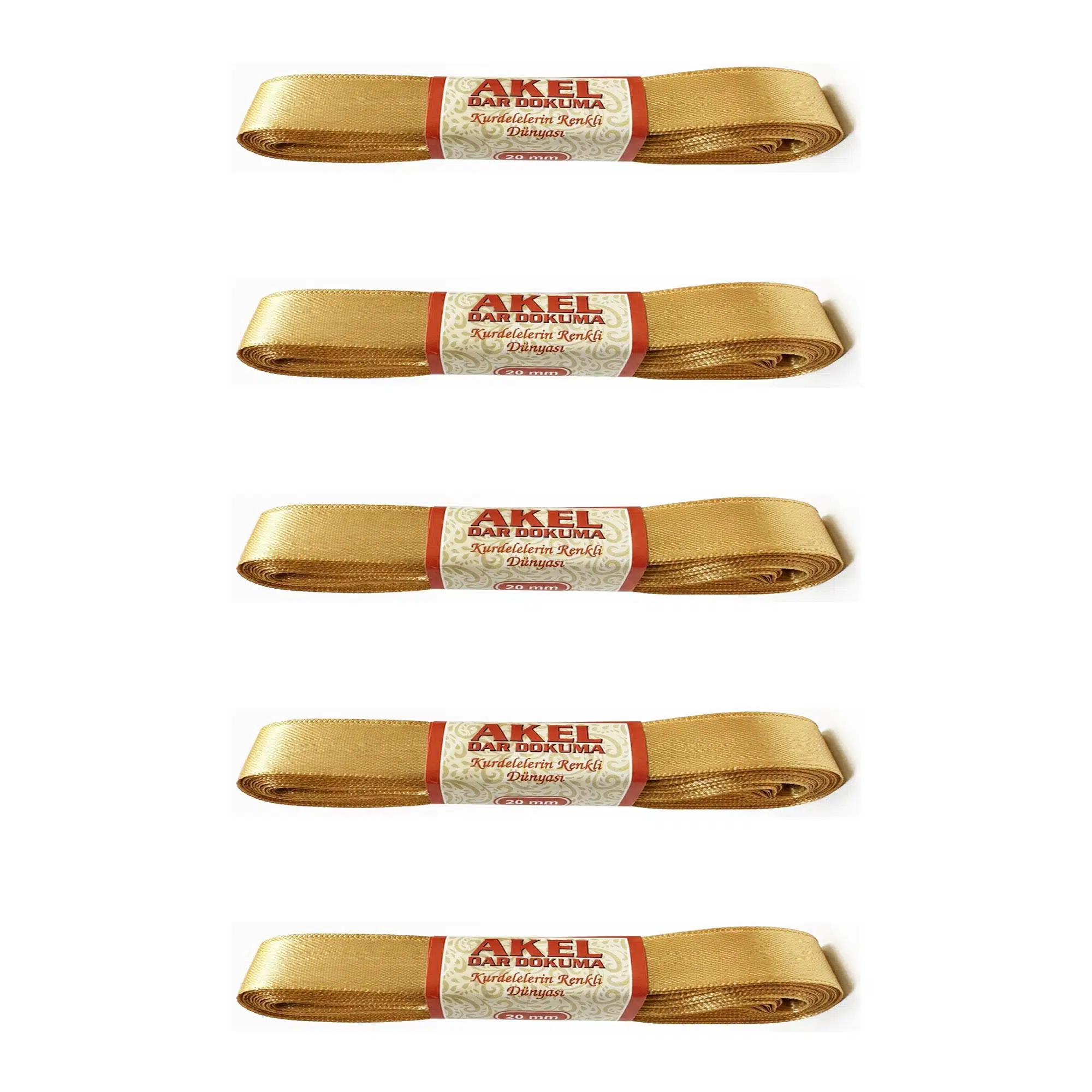 Dar Dokuma Altın Gold Saten Kurdele - 2 Cm. x 10 Metre - 5 Adet