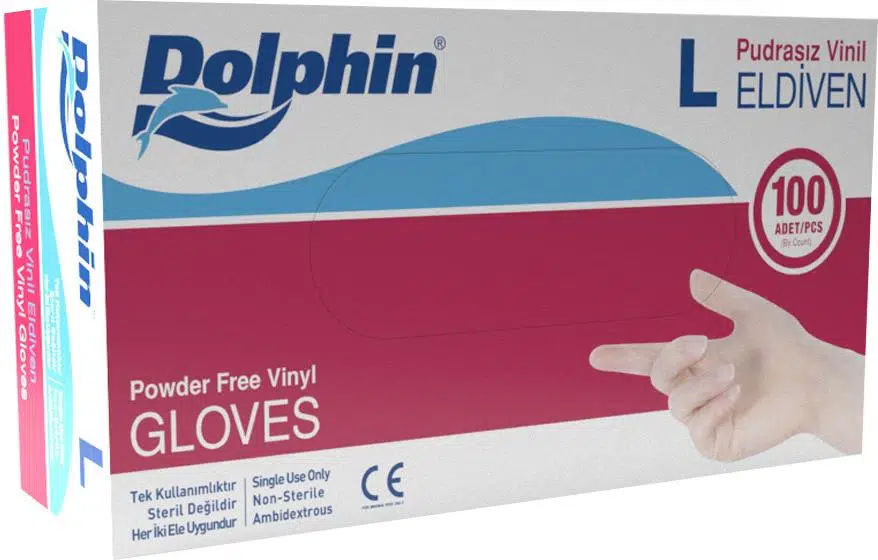 Dolphin Pudrasız Vinil Vinyl Tek Kullanımlık Eldiven Şeffaf Large Büyük Boy - 100'lü 20 Paket -Koli