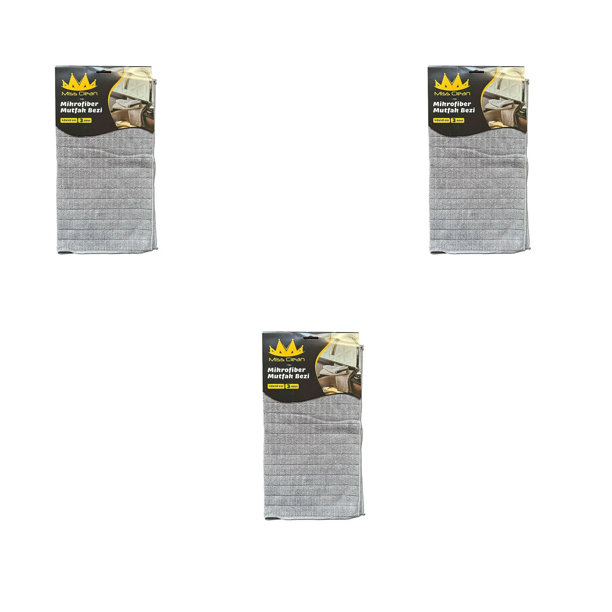 Miss Clean Mikrofiber Kareli Yüzey Cam Temizlik Bezi 40x40 Cm Süper Emici - Gri - 3'lü 3 Paket