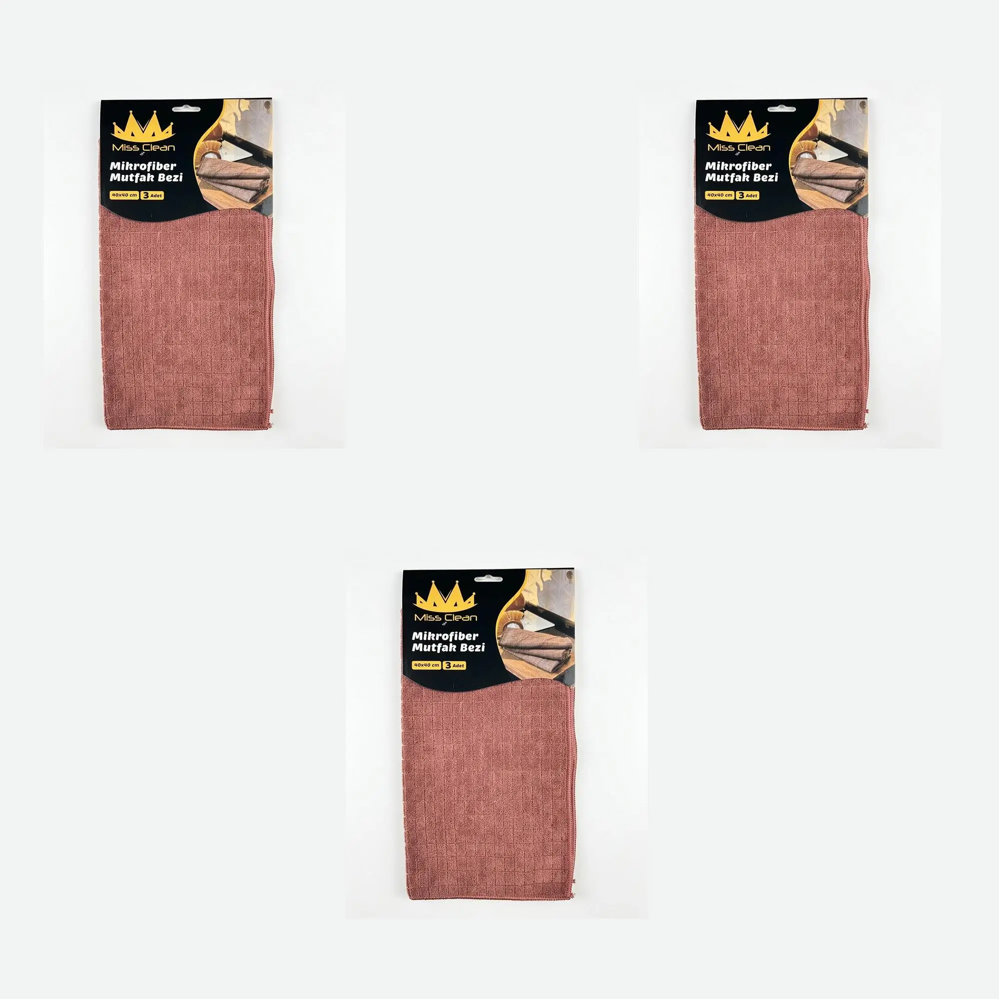 Miss Clean Mikrofiber Kareli Yüzey Cam Temizlik Bezi 40x40 Cm Süper Emici -Kahverengi - 3'lü 3 Paket