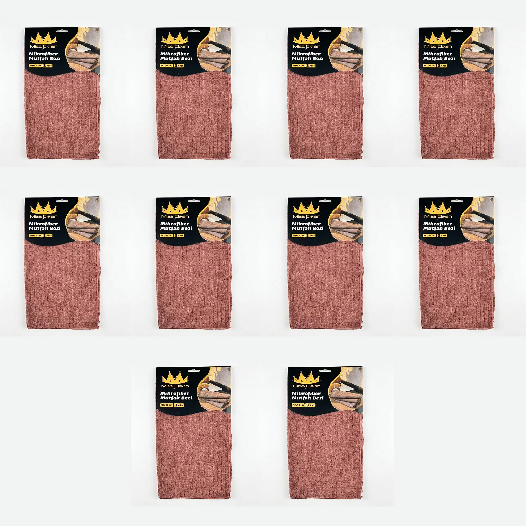 Miss Clean Mikrofiber Kareli Yüzey Cam Temizlik Bezi 40x40 Cm Süper Emici -Kahverengi -3'lü 10 Paket