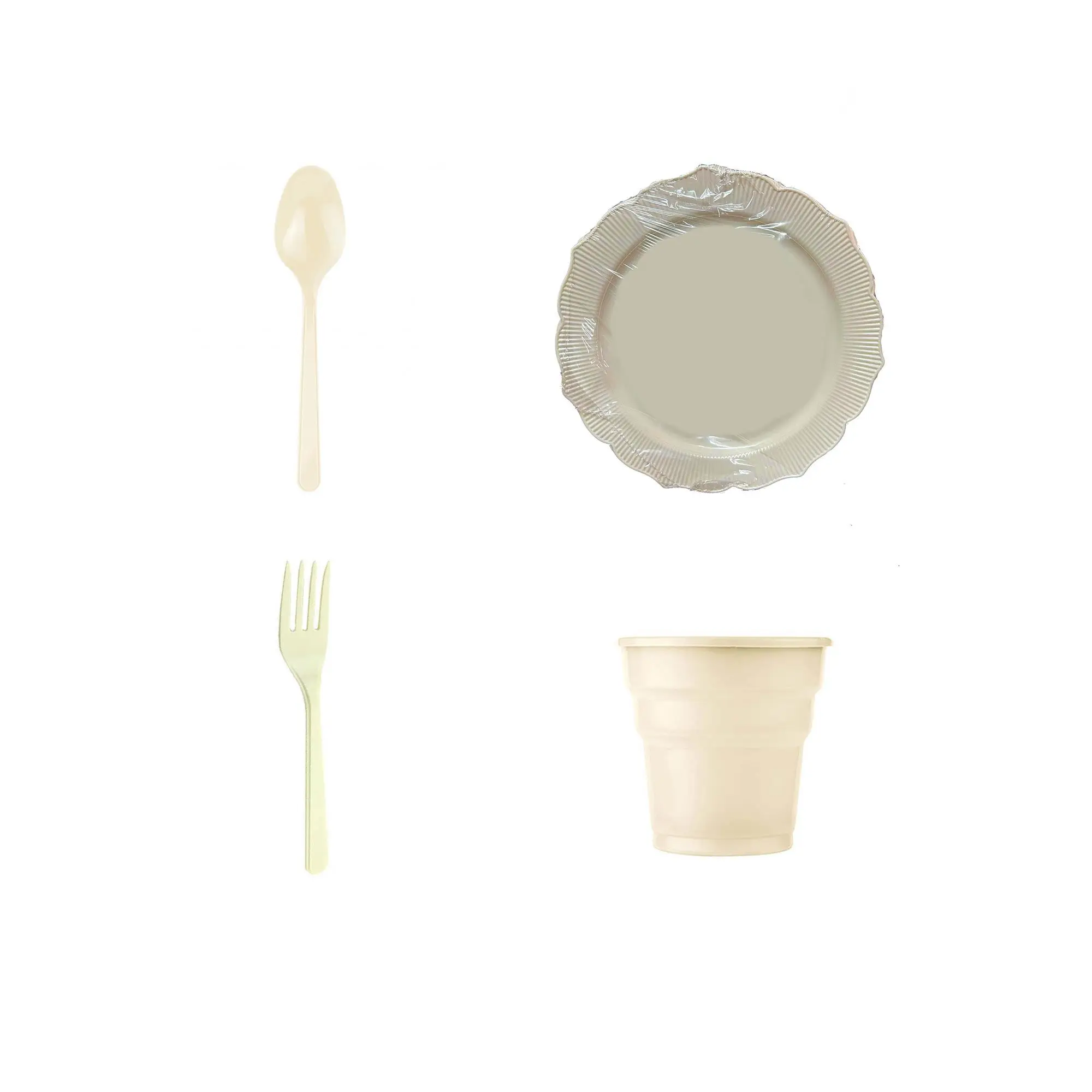 Omeyva 26 Cm. Sert Plastik Mika Krem Sorfa Piknik Seti - 24 Kişilik Tabak Bardak Çatal Kaşık Takımı
