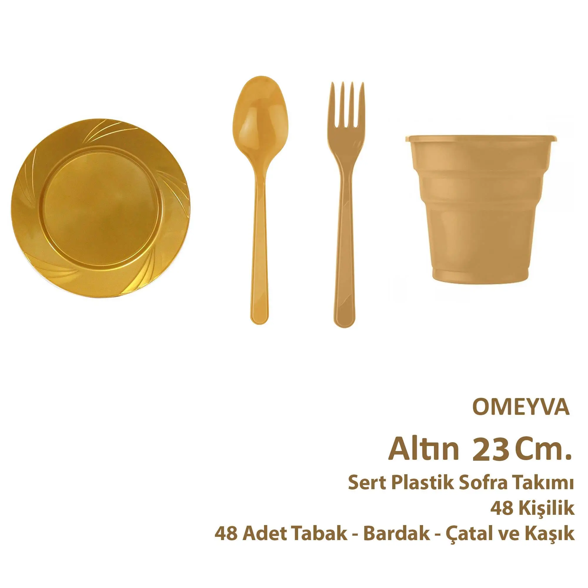 Omeyva Sert Plastik 23 Cm. Altın Sorfa Piknik Seti - 48 Kişilik Tabak Bardak Çatal Kaşık Takımı