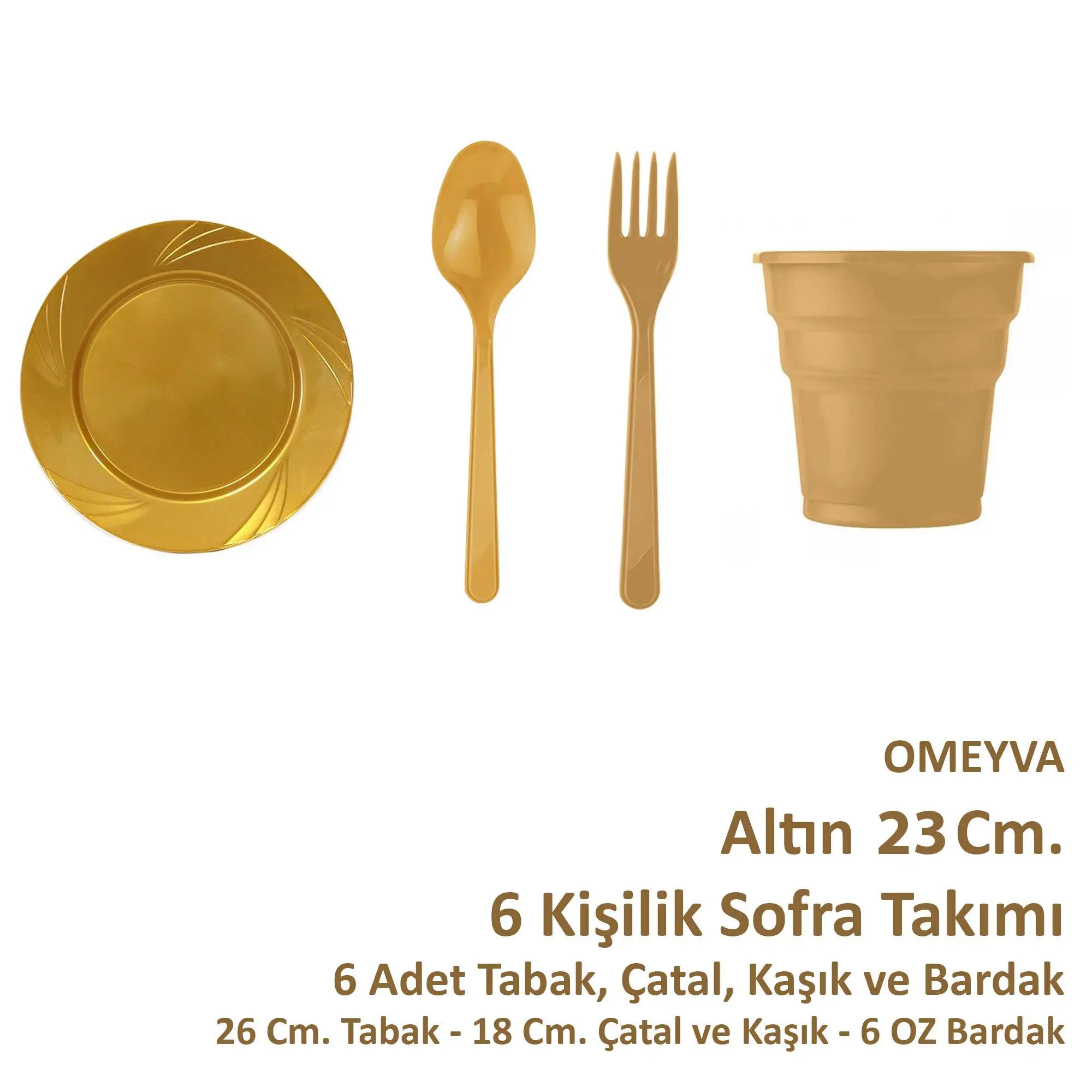 Omeyva Plastik Sert 23 Cm. Altın Sorfa Piknik Seti - 6 Kişilik Tabak Bardak Çatal Kaşık Takımı