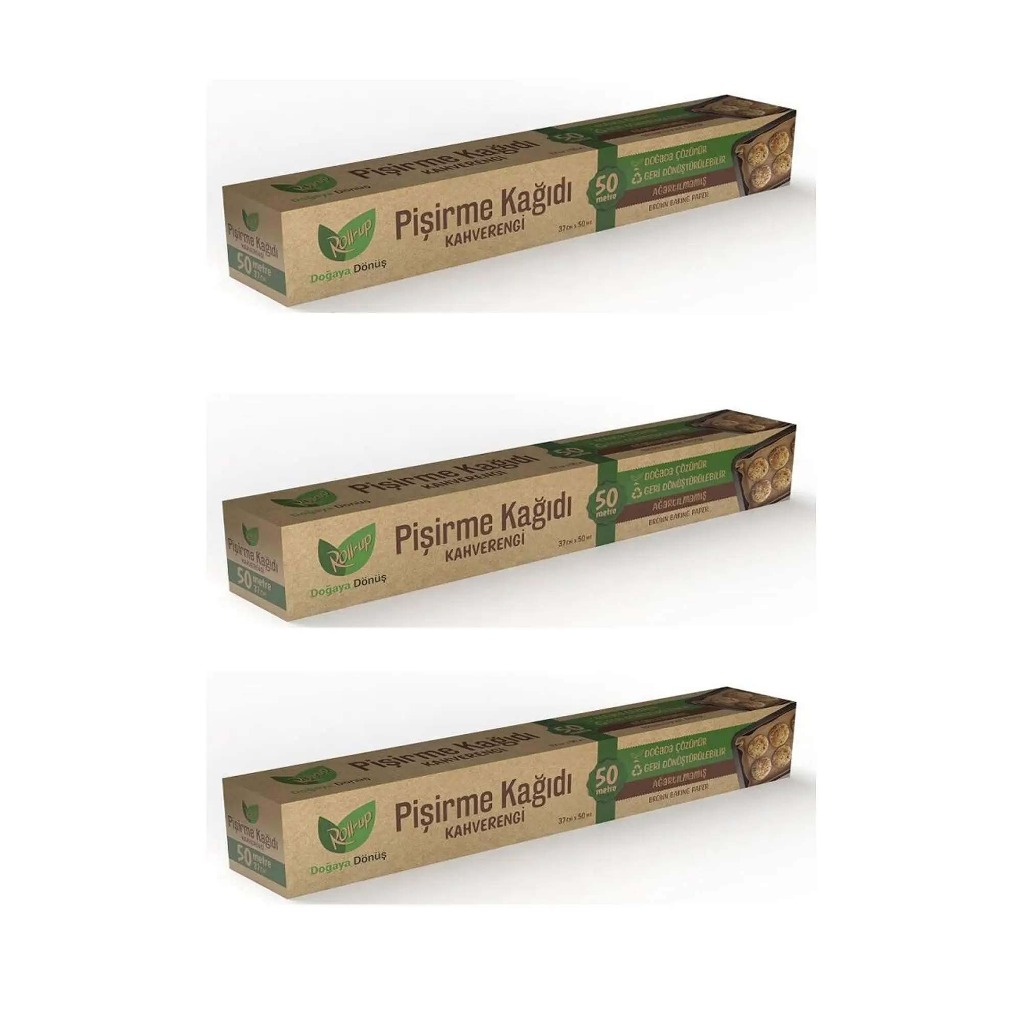Roll-Up Ağartılmamış Doğal Rulo Fırın Pişirme Kızartma Kağıdı - 37Cm. X 50 Metre - 3 Kutu