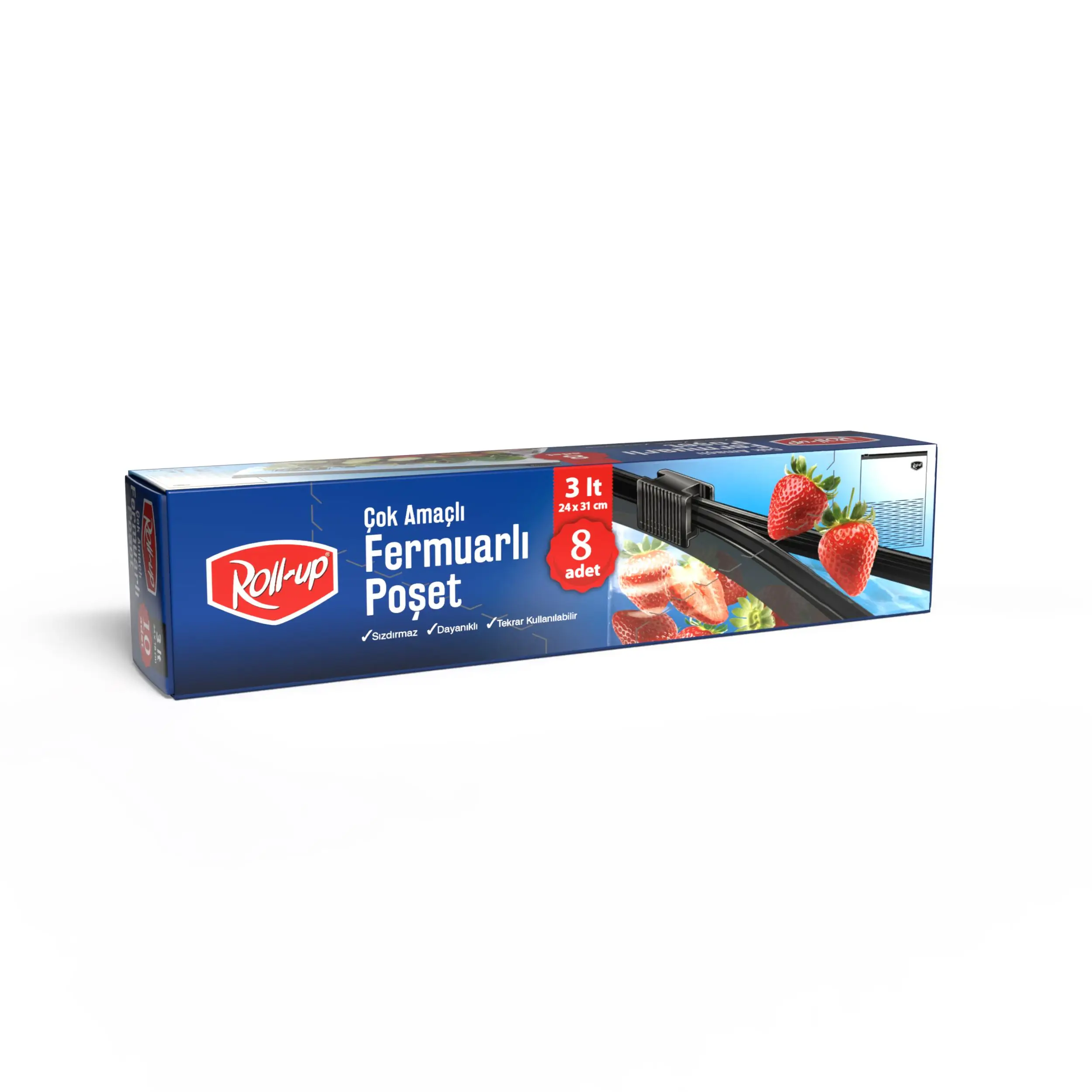 Roll-Up Fermuarlı Şeffaf Buzdolabı Saklama Poşeti Torbası - 3 Lt. - 24x31 Cm. - 8 Adetlik Paket
