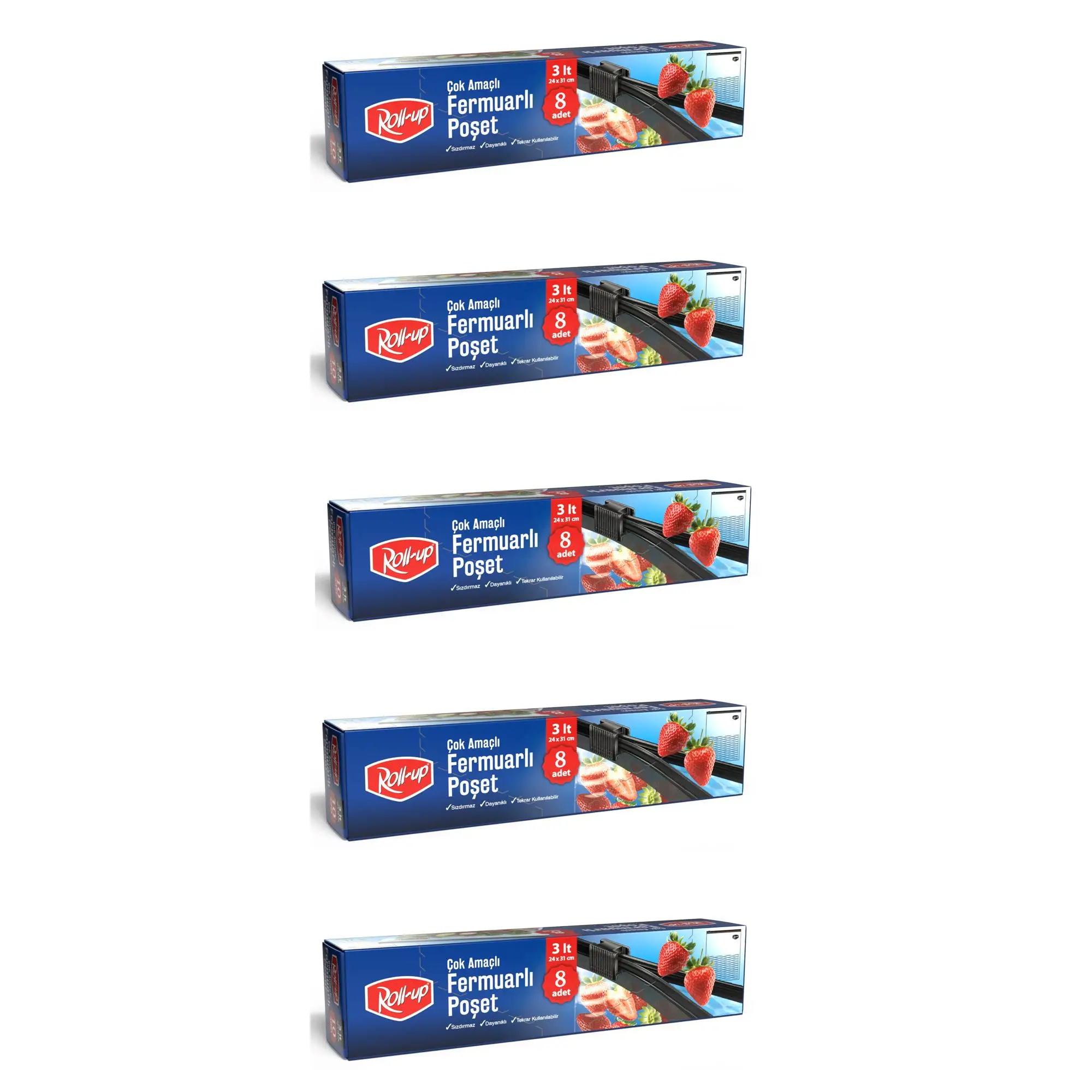 Roll-Up Fermuarlı Şeffaf Buzdolabı Saklama Poşeti Torbası - 3 Lt. - 24x31 Cm. - 8 Adetlik 5 Paket