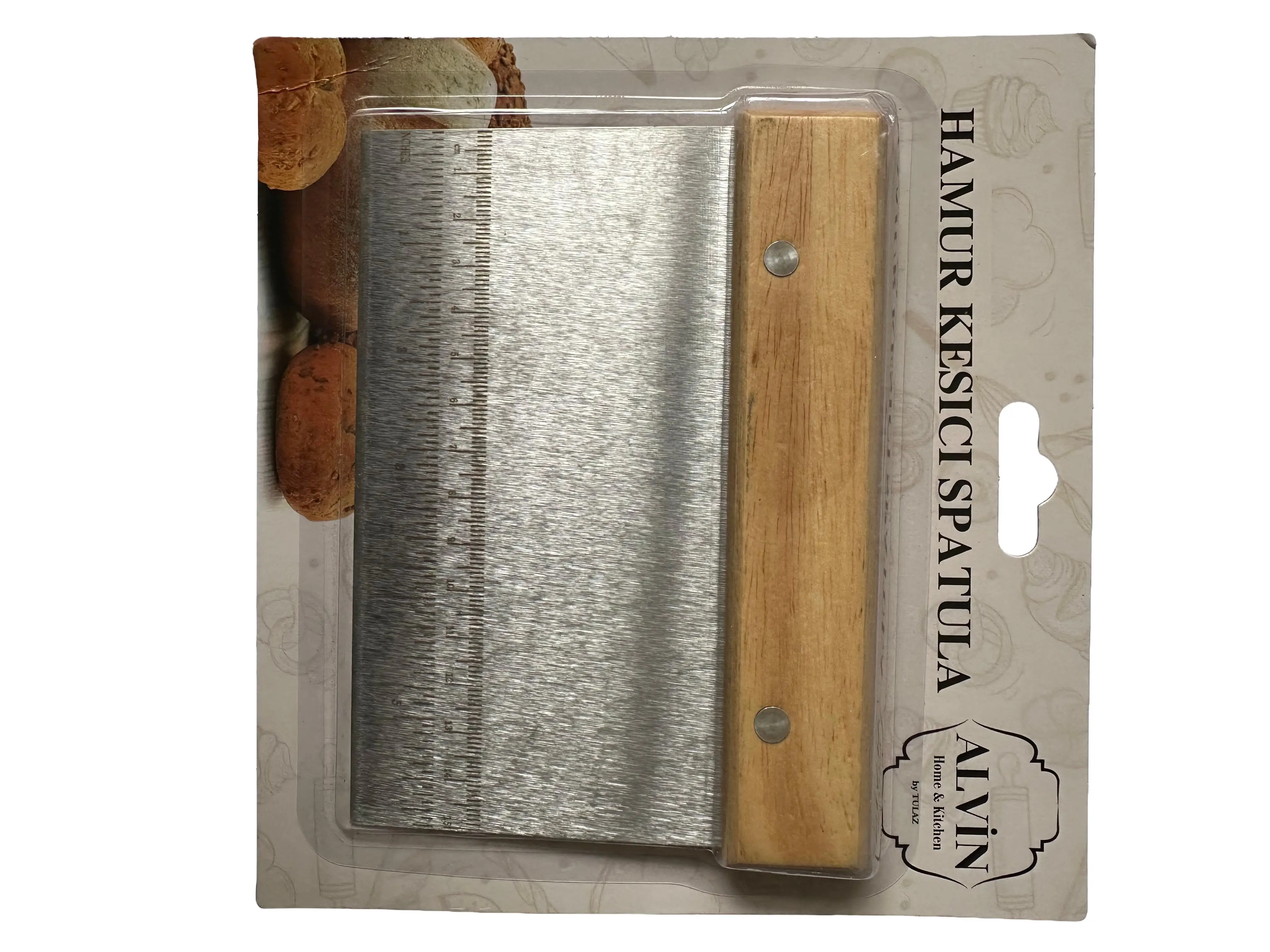 Alvin Ahşap Saplı Paslanmaz Çelik Krom Hamur Kesici Spatula - Cetvelli - 15 Cm. - 1 Adet 